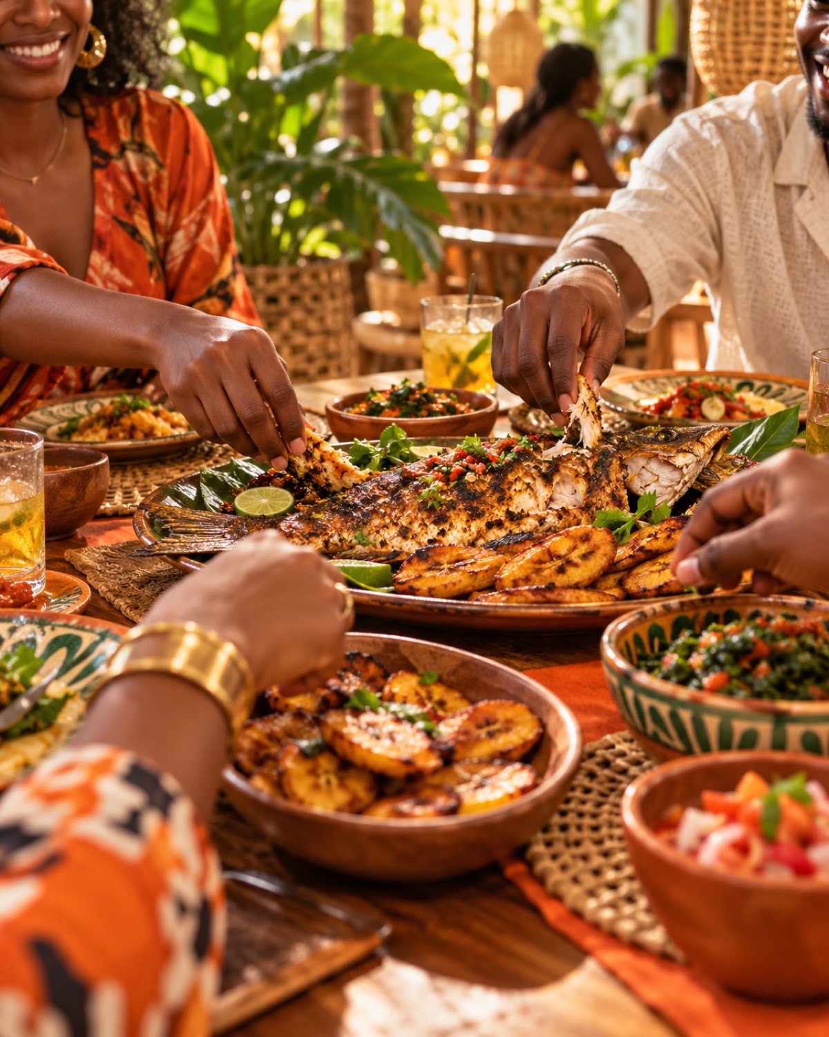 Une table généreuse, du poisson braisé et des accompagnements à partager